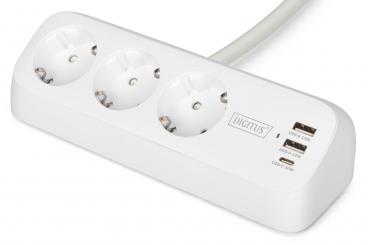 3-way office socket strip with 2x USB-A and 1x USB-C connections, white 