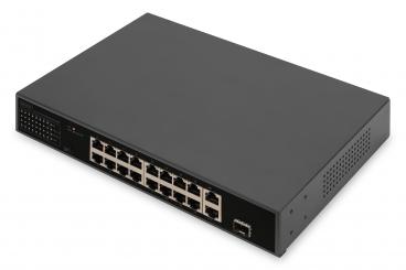 16-Port Fast Ethernet PoE Networkswitch, 19 Zoll, unmanaged, 2+1 Uplink Ports, RJ45 + SFP, 185 W, af/at 