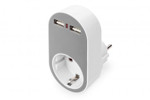 Universal USB Plug-in Charger with 2 x USB-A Sockets and Integrated Socket 
